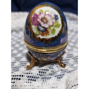 Vintage Cobalt Blue Egg Music Box Gold Tone Trim Hand Painted Footed